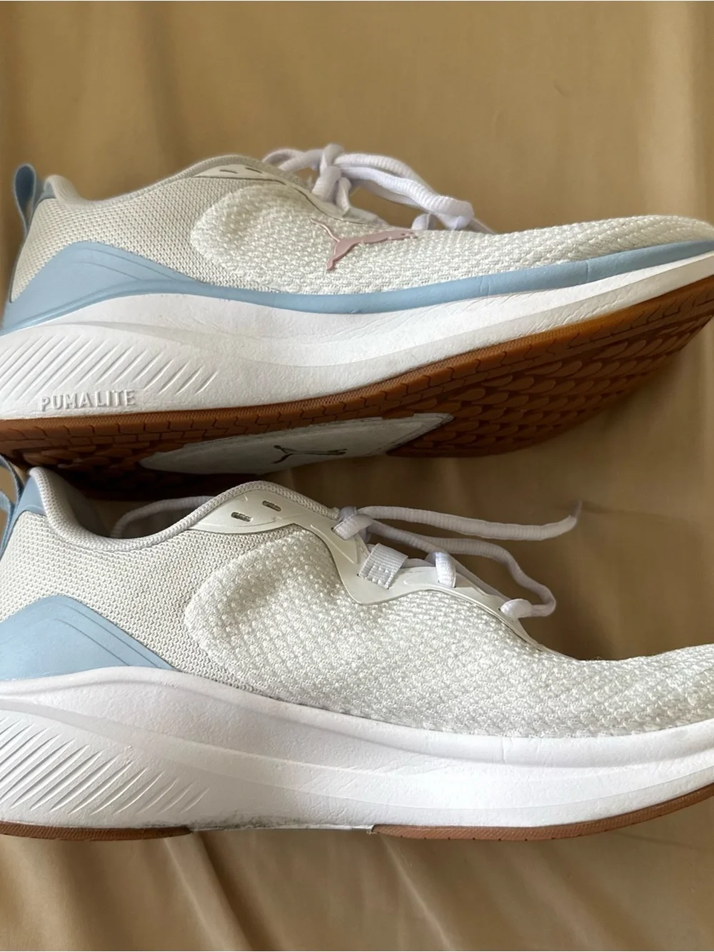 Puma Women's White Running Shoes with Pink Logo and Blue Trim